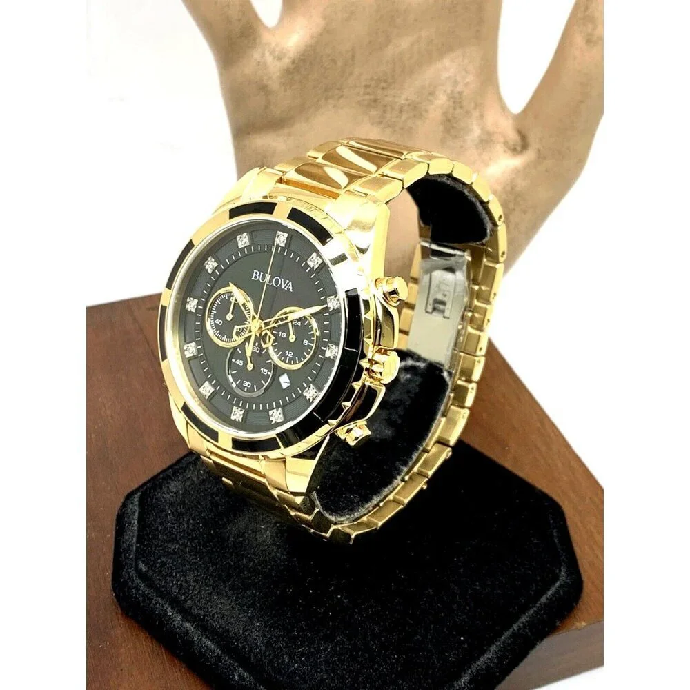 Bulova Men's Watch 97D121 Chronograph Gold Tone Stainless Steel Diamond Dial